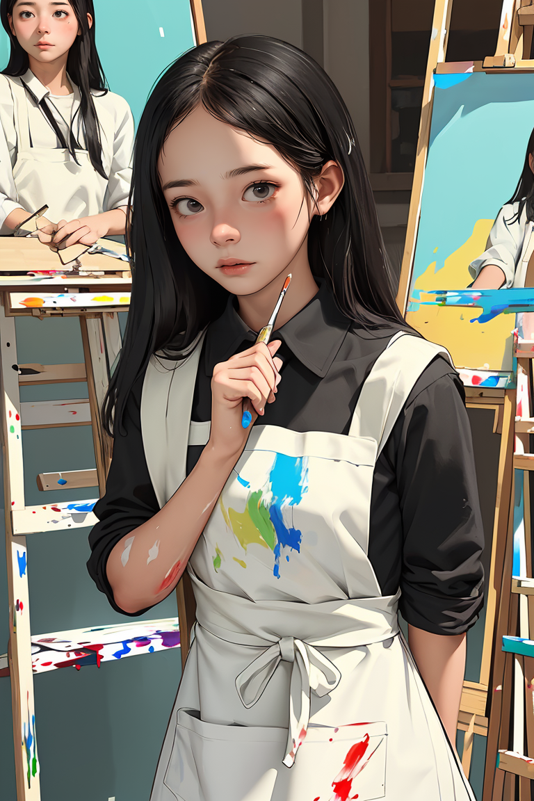 (best quality, masterpiece), 1girl, painter in distress while painting, embarrassed, irritation, distress, apron, paint sp...